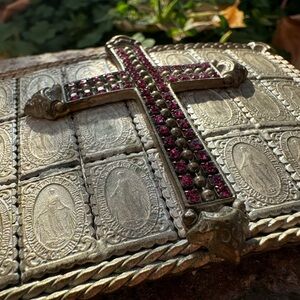 VSA Miraculous Virgin Silver Pink Swarovski Crystal Cross Belt Buckle